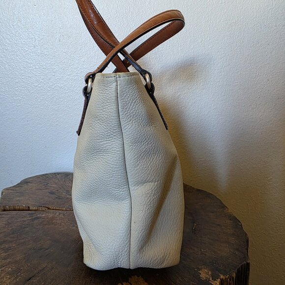 Fossil Pebbled Leather Tote Bag Cream Tan Zip Top Purse - Picture 13 of 16